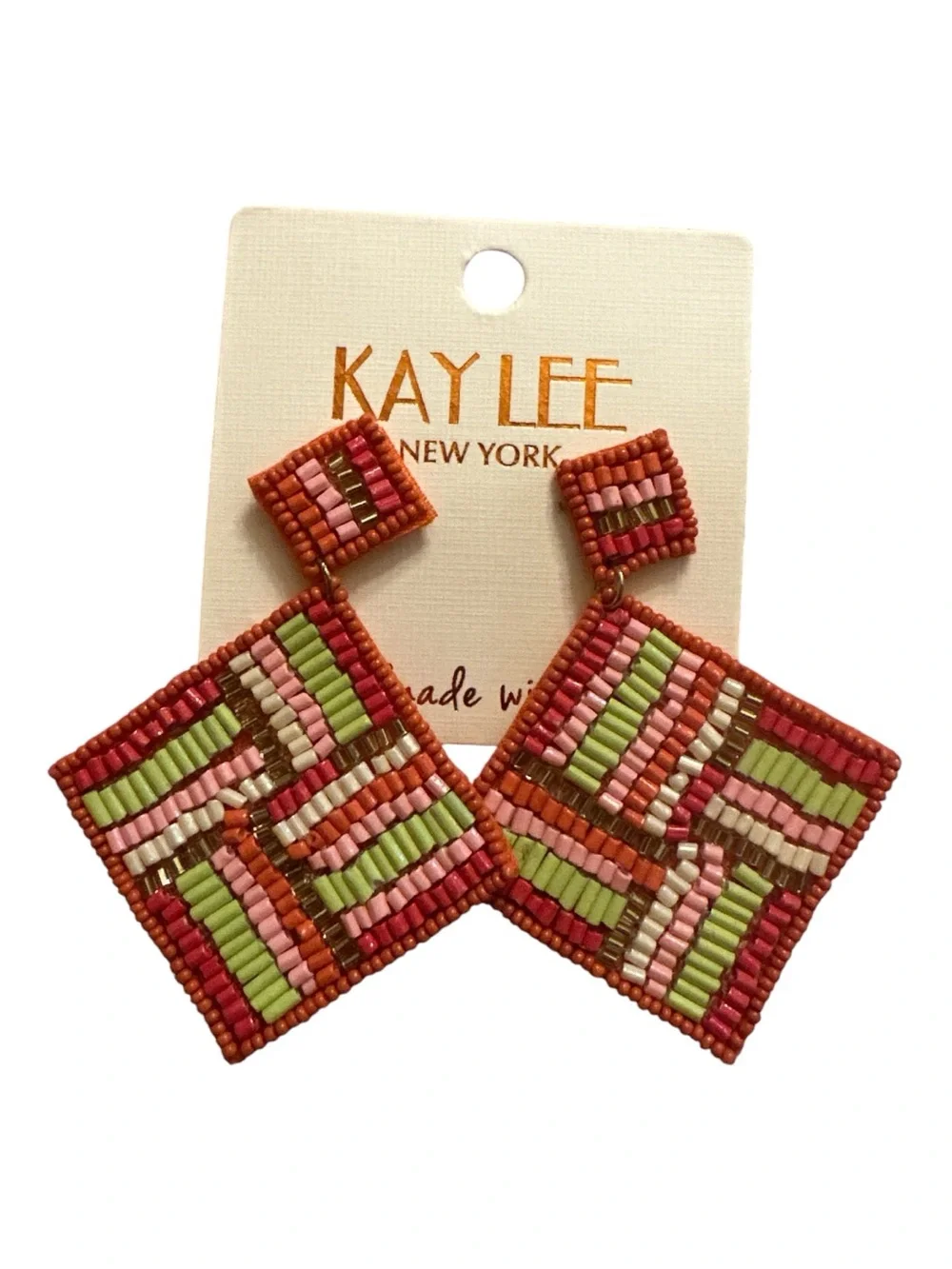 Kaylee New York Pink & Green Beaded Square Drop Earrings